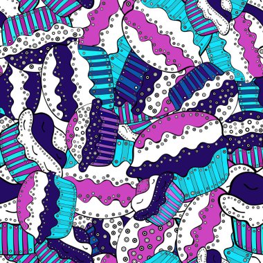 Kek ile Seamless modeli. Vektör çizim. Güzel doğum günü beyaz, mavi ve siyah arka plan. Kağıt ambalaj.