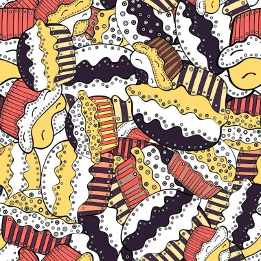 Top kek tatlar resimde beyaz, sarı ve siyah doodle. Hamur işi. Sorunsuz elle çizilmiş vintage tarzı kek ve kurabiye. Vektör çizim.