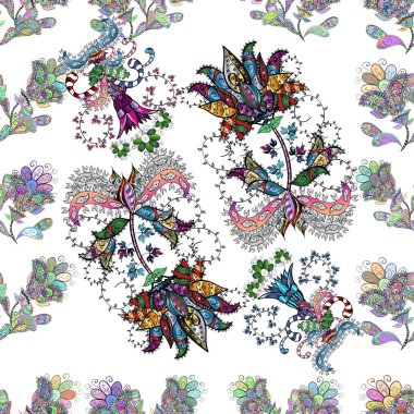 Asya Tekstil tarzında. Çiçekler beyaz, tarafsız, siyah, mavi ve yeşil renkler. Sorunsuz çiçek deseni. Vektör çizim. Vektör çizim.