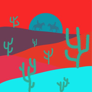 Vektör çizim. Web ve mobil uygulaması tasarımı, çöl logo kavramı için mavi, kırmızı ve turuncu zemin üzerine çöl.