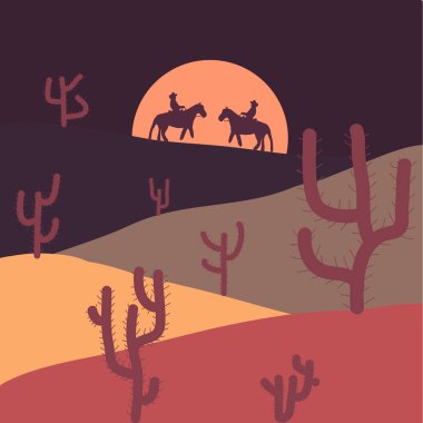 Mor, pembe ve bej renkler düz çizgi film. Vektör çizim. Cactuse ve Dağları çöl peyzaj, savaş topu, taş ve kum ile arka plan manzara de günbatımı.