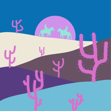 Mavi, menekşe ve gri renkler manzara. Yatay, kaktüs siluet vektör grafik içinde çöl.