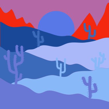 Çöl manzara kaktüs ve dağ içinde belgili tanımlık geçmiş. Vektör çizim. Düz tasarım stili. İllüstrasyon mavi, pembe ve kırmızı renkler.