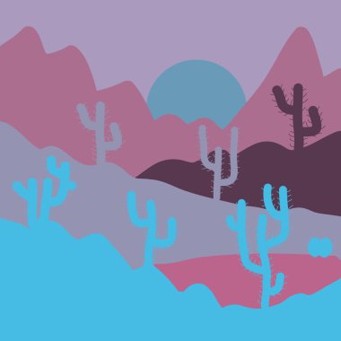 Sunset Bulvarında bir dağ manzarası olan bir arka planda. Vektör oyun grafiği. Arka plan manzara çöl ve kaktüs tarafsız, mavi ve mor renkler ile.