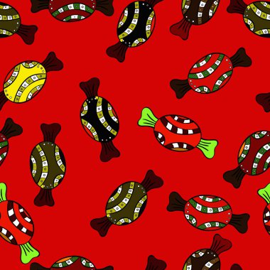 İlginç, Soyut El çekilmiş sorunsuz vektör şeker desen. Cadılar Bayramı davranır kırmızı, siyah ve kahverengi arka plan üzerinde renkli, retro el resimli.