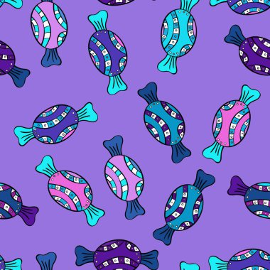 Mor, mavi ve siyah sürümü. Vektör çizim. Sevimli ve renkli şeker tatlı seamless modeli mor, mavi ve siyah arka plan üzerinde. İzole.