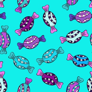 Renkli şeker seamless modeli. Mavi, siyah ve mor renkler. Vektör.