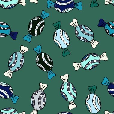 Vektör. Yeşil, mavi ve siyah arka plan ile şirin el çekilmiş tatlı illüstrasyon seamless modeli.