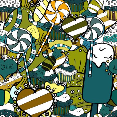 Beyaz, yeşil ve siyah arka plan üzerine şeker ile Noel vektör seamless modeli. Yeni yıl vektör çizim. Noel hediyeleri için kağıt ambalaj.