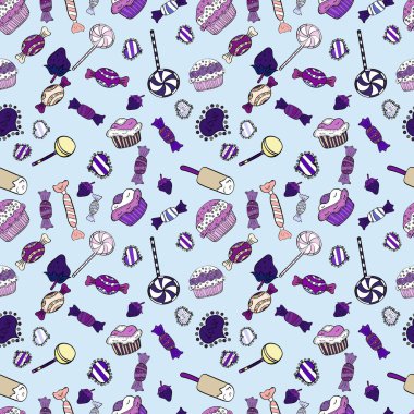 Dikişsiz desen suluboya tatlılar şekerlemeler ile elle çizilmiş bir nötr, mor ve beyaz arka plan üzerinde izole. Vektör çizim.