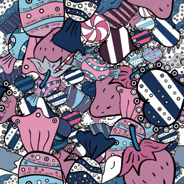 Sevimli çizgi renkli kesintisiz vektör desenle şeker ve pamuk helva. Mavi, siyah ve beyaz renkler şekerler. Vektör.