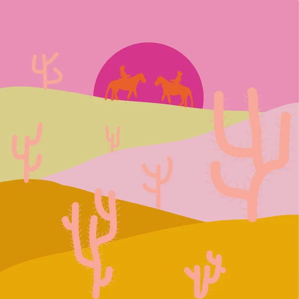 Desiertos Dunas Arena Paisaje Fondo Con Cactus Colores Rosa Amarillo — Vector de stock