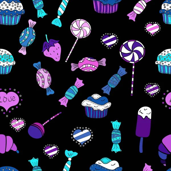 Süßwarenladen Süßigkeiten Und Kerzen Linienzeichnungen Nahtlos Vektorillustration — Stockvektor