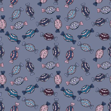 Dikişsiz desen suluboya tatlılar şekerlemeler ile elle çizilmiş bir nötr, mavi ve siyah arka plan üzerinde izole. Vektör çizim.