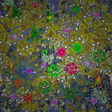 Şirin kumaş deseni. Vektör çizim. Düz karalamalar. Tasarım. Sorunsuz yazdır. Öğeleri tarafsız, sarı ve yeşil renkler.