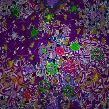 Çiçek elemanları ile sorunsuz zarif vektör doku. Doodles'ın mor, siyah ve mor renkler.