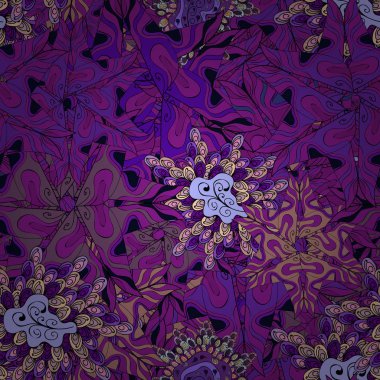 Dikişsiz desen baskı. Vektör. Düz öğeleri. Tasarım. İhale kumaş deseni. Karalamalar mor, siyah, mor ve nötr renkler.