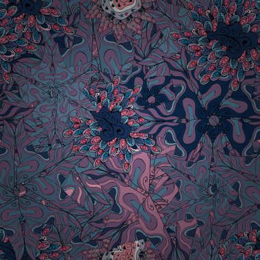 Güzel arka plan. Vektör çizim. Mavi, mor, siyah ve mor renkler. -hisse senedi. Sorunsuz şirin kumaş deseni. Soyut karalamalar desen.