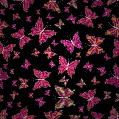 Vektör çizim. Resim Scrapbooking için. Sanat siyah, kırmızı ve pembe renkleri kelebekler. Renkli kelebek sorunsuz arka plan.
