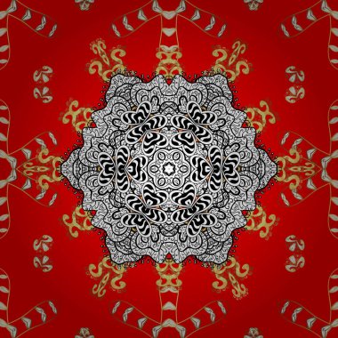 Ajur narin altın desen. Kırmızı, beyaz ve siyah renkler altın elemanları ile Seamless modeli. Parlak dantel, stilize çiçekler, paisley. Sorunsuz doku bukleler. Vektör oryantal tarzı arabesk