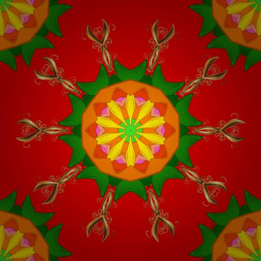 Elle çizilmiş zentangle çiçek kırmızı, turuncu ve yeşil renkler vektör. Dikişsiz desen Etnik mandalalar, doodle arka plan daire. Kırmızı, turuncu ve yeşil desen.
