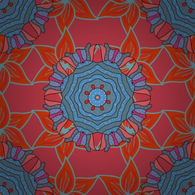 Anahat. Vektör doodle Dikişsiz desen etnik mandala süsleme pembe, mavi ve turuncu renkler ile.