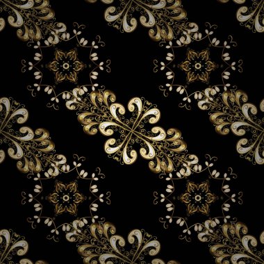 Vektör altın desen. Sorunsuz dokulu bukleler. Siyah, kahverengi ve bej renkler altın elemanları ile oryantal tarzı arabesk altın desen.