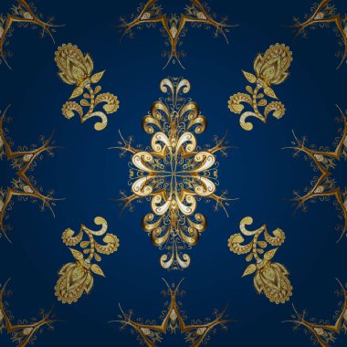 Mavi, kahverengi ve sarı renkler altın elemanları ile Seamless modeli. Seamless altın modeli. Vektör şark süsleme.