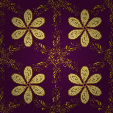 Altın çiçek süsleme barok tarzı. Mor, sarı ve kahverengi renkleri altın öğesinde. Altın arka plan doku duvar kağıdı. Damasko sorunsuz yinelenen arka plan.