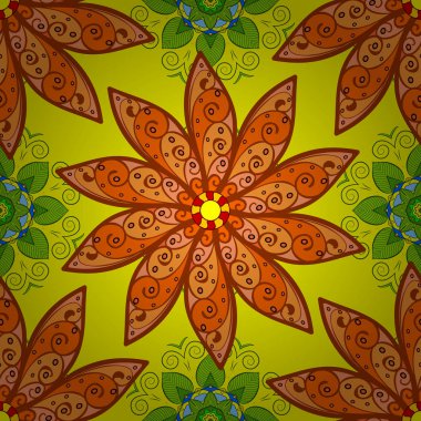 Düz çiçek öğeleri tasarım. Bahar Tema Dikişsiz desen arka plan rengi. Sarı, turuncu ve kahverengi renklerde çiçekler. Vektör çizim sorunsuz çiçek desenli.