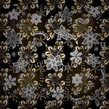 Vektör siyah, gri ve kahverengi yapraklı arka plan ile elle çizilmiş yaprakları, çiçekleri, kıvrımlar, karmaşık güzel süsler. Retro zengin tasarımı duvar kağıtları için. Yeşillik vintage güzel süs desen.