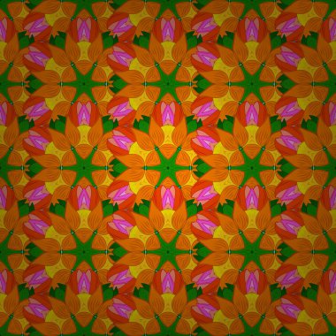 Vektör yuvarlak mandala çocukça tarzı. Süs doodle turuncu, yeşil ve pembe renkler. Vektör doğa seamless modeli ile soyut süsleme.