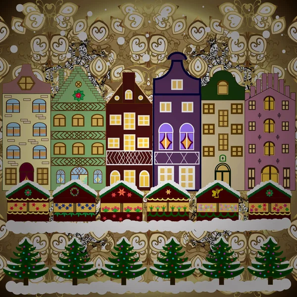 Векторная Иллюстрация Зимняя Сцена Маленьким Домом Снежном Стиле Весёлая Рождественская — стоковый вектор