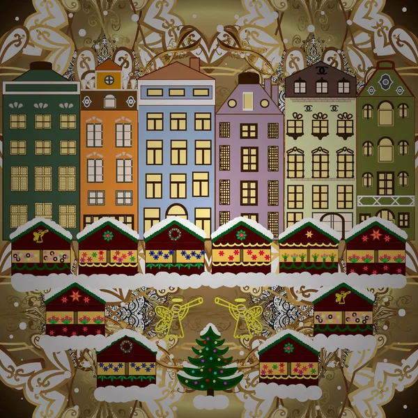 雪と夜の都市の冬の風景は 茶色と白の家やクリスマスツリーを入り江 休日ベクトルイラスト — ストックベクタ