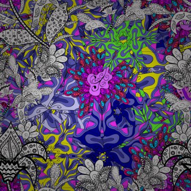 Bir beyaz, mor, siyah, mavi ve gri renkler beyaz, mor, siyah, mavi ve gri papatya desen. Vektör çizim. Beyaz, mor, siyah, mavi ve gri renkler.