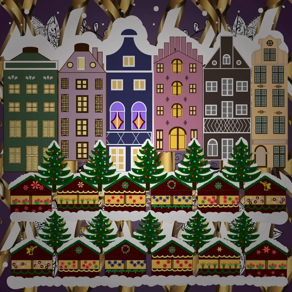 ベクトルイラスト 都会の冬の風景 クリスマスカードハッピーホリデーバナー フラットデザイン — ストックベクタ