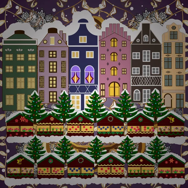 Векторная Иллюстрация Деревня Рождество Баннер Заднем Плане Снегом Снежинками Открытка — стоковый вектор