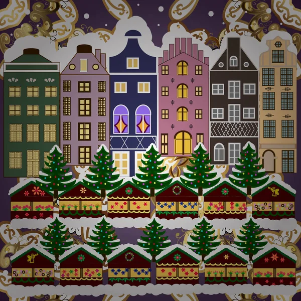 Nacht Vektor Winter Weihnachten Urbane Landschaft Vektorillustration — Stockvektor