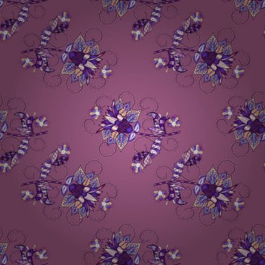 Menekşe, mor ve nötr renkler. Vintage tarzı çiçek demetleri ile Seamless modeli. Vektör çizim.