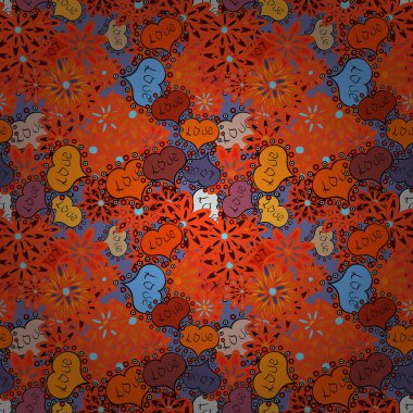 Vektör çizim. Dikişsiz desen suluboya sorunsuz arka plan seviyor. Turuncu, mavi ve siyah suluboya kalp desen. Renkli suluboya romantik doku.