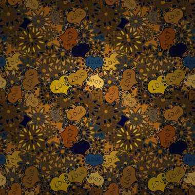 Sevgililer günü. Kahverengi, sarı ve siyah vektör çizim. Retro 80'ler içinde etnik yürekleri Dikişsiz desen kumaş baskı, kağıt baskı ve Web sitesi için zemin stil.