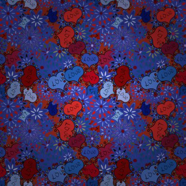 Vektör. Şirin yazı hat metin ve kalpleri, zarflar, kesintisiz aşk desenle doodles. Elle çizilmiş illüstrasyon karikatür tarzı mor, mavi ve kırmızı renkler. Arka plan doku için sanat.