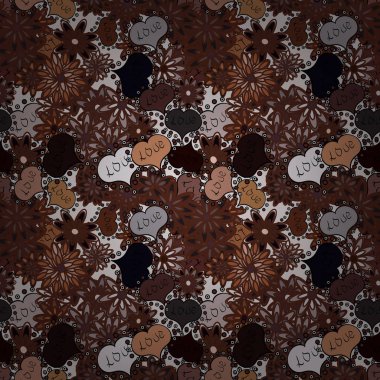 Vektör çizim. Düz arka plan tasarımı için. Kalpler seamless modeli. Valentine': s gün. Bebek arka plan ile renkli kalpler. Kalp öğeleri üzerinde kahverengi, gri ve siyah renk eskiz. Kağıt ambalaj.