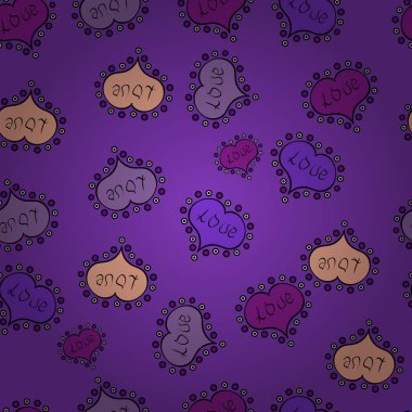 Sevgililer günü kesintisiz arka plan. Sıradışı tasarımlar. Menekşe, siyah, mor, bej ve nötr renkler güzel arka plan üzerinde şirin kalpler seviyorum. Vektör çizim.