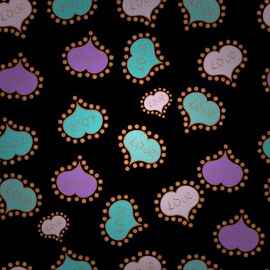 El illüstrasyon karikatür tarzında çekilmiş. Grafik üzerinde siyah, mavi renkler. Güzel yazı hat metin ve kalpler, karalamalar ile Seamless modeli aşk kalıbı. Vektör. Sanat web, baskı, kumaşlar için.