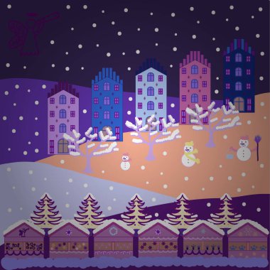 Vektör çizim. Vektör desen çeşitli karikatür evleriyle. Christmas illüstrasyon menekşe, bej ve nötr renkler.