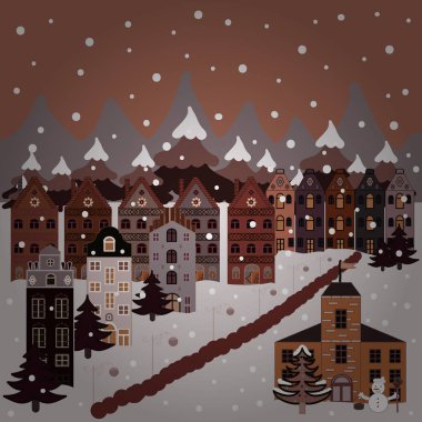 House, ağaçlar ve dağlar kahverengi, gri, bej renkler üzerinde çizilmiş vektör soyut İskandinav grafik illüstrasyon ver. Nordic doğa manzara kavramı. Tekstil, çocuk odası duvar kağıdı için mükemmel.