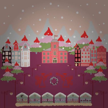 Vektör çizim. Desen evler. Tarafsız, mor ve gri renkler illüstrasyon.