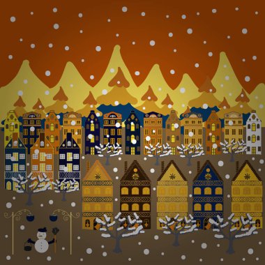 Olağandışı christmas illüstrasyon kartpostal. Vektör. Dekore ev Noel turuncu Noel'de dekore inanılmaz, kahverengi ve sarı renkler büyülü orman ve tepeler.