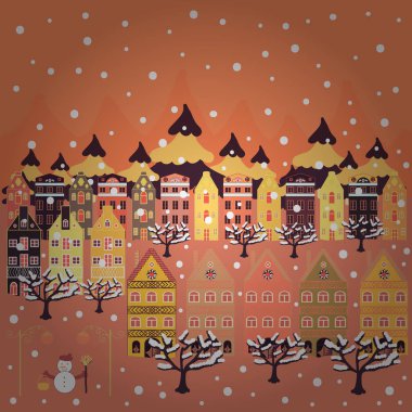 Panorama turuncu, sarı ve mor renkler. Parlak bir peri masalı köy evleri ve ağaçlar, hills, mountans, kardan adam. Tasarım arka plan için. Vektör çizim.